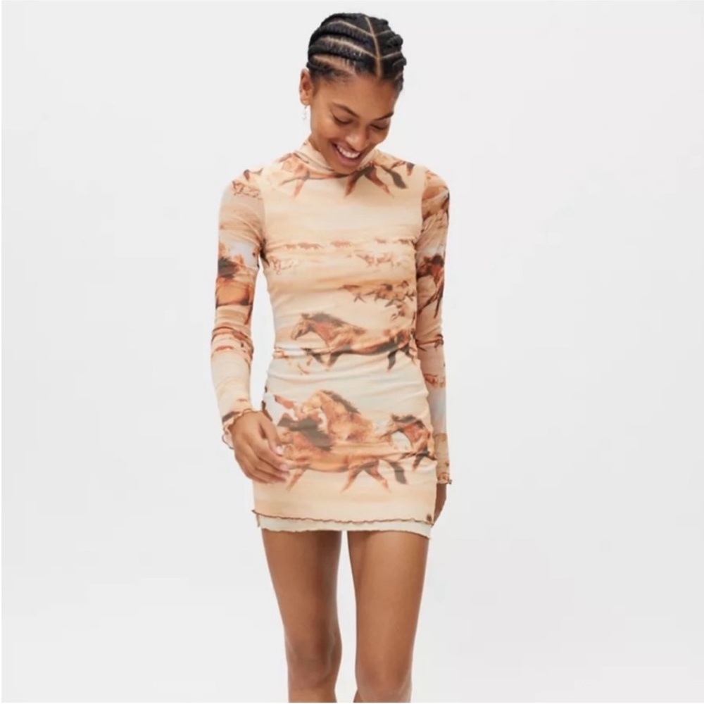 Urban Outfitters Beige Horse-Print Mesh Midi Dress